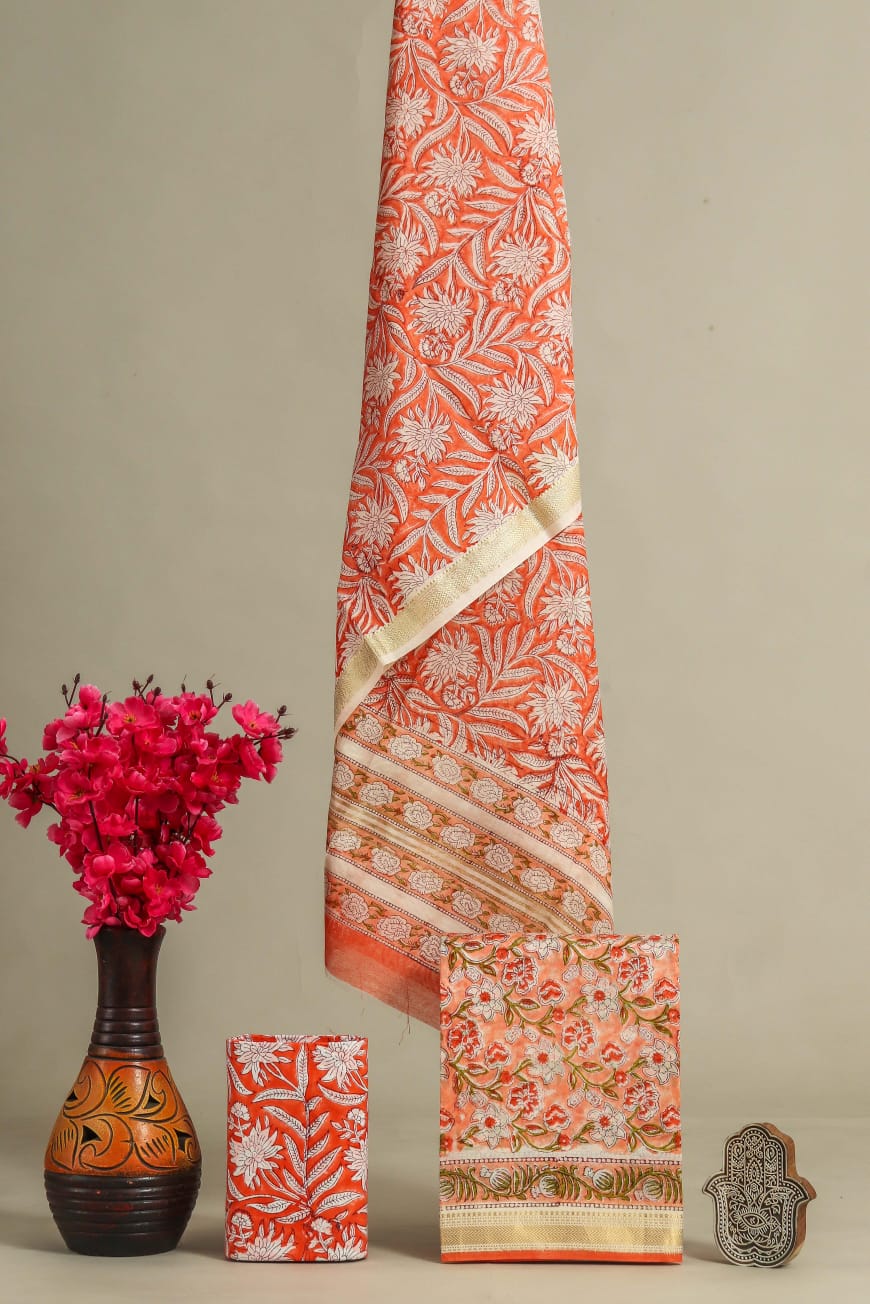 Pure Maheshwari Silk Hand block print Unstitched Suit.