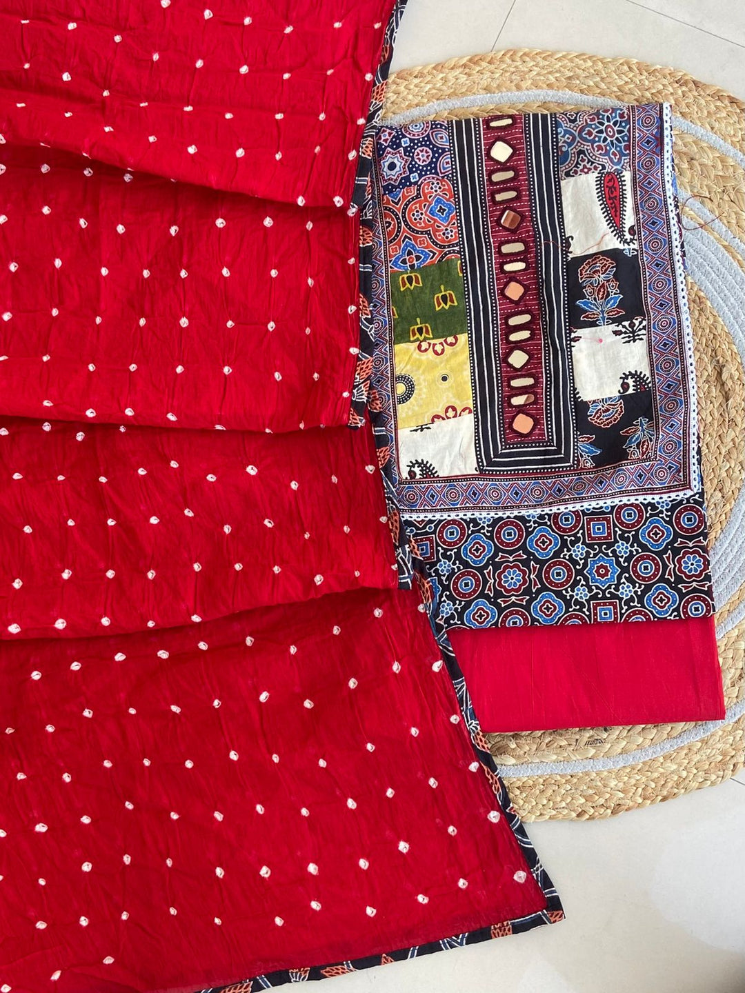 Pure Cotton Azrakh Print Unstitched Suit With Heavy Mirror Work