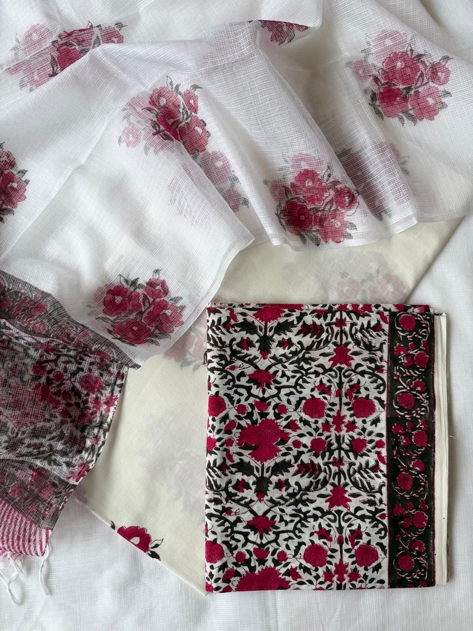 Pure Cotton Hand block print Unstitched Suit with Kota Dupatta