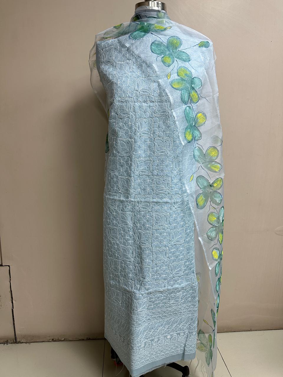 Pure Cotton Chikankari Work Unstitched Suit With Hand Print Kota Doriya Dupatta.