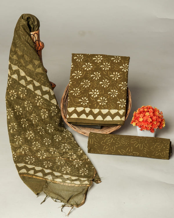 Pure Cotton Hand block print Unstitched Suit with Kota Dupatta .