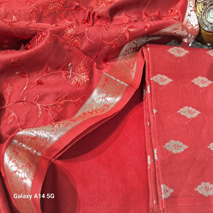 Pure Banarasi chanderi silk zari wark unstiched suit.