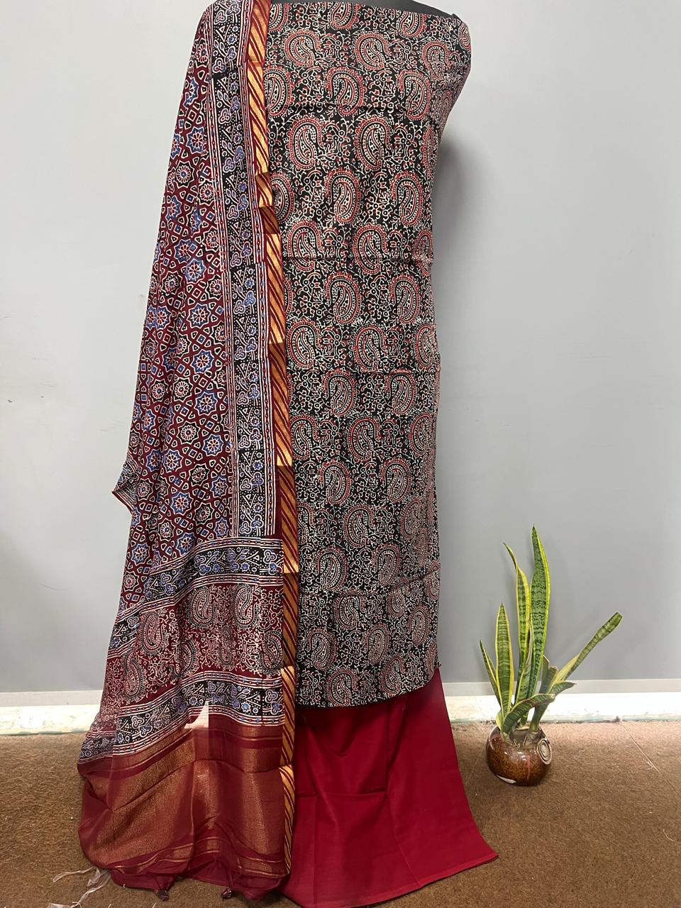 Pure Cotton Hand Block Print Unstitched Suit With Cotton Dupatta