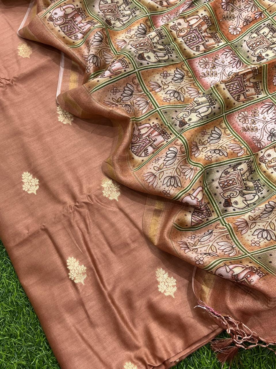 Pure Banarasi Chanderi Silk zari Boota Work Unstitched suit With Chanderi Digital Print dupatta