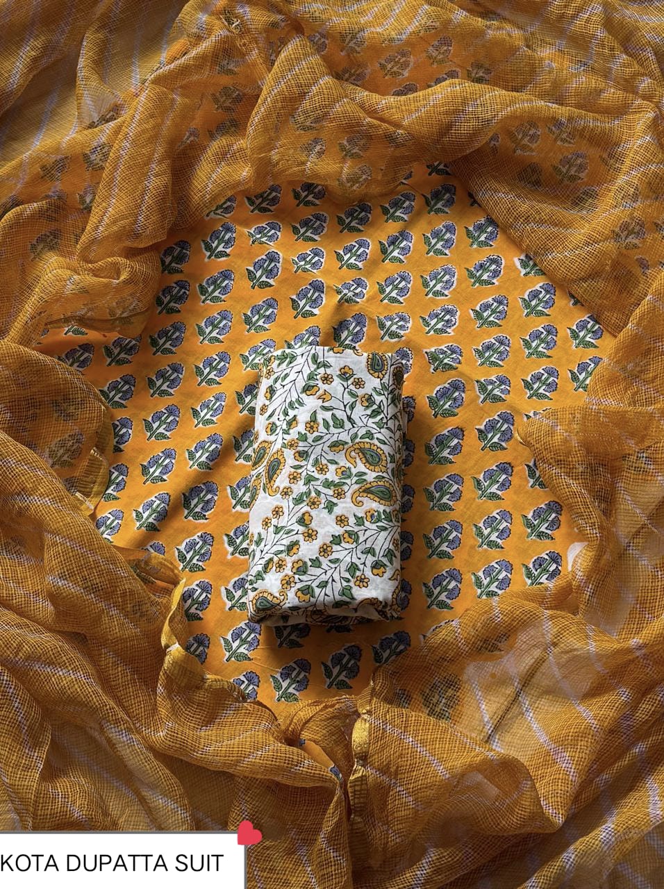 Pure Cotton Hand block print Unstitched Suit with Kota Dupatta