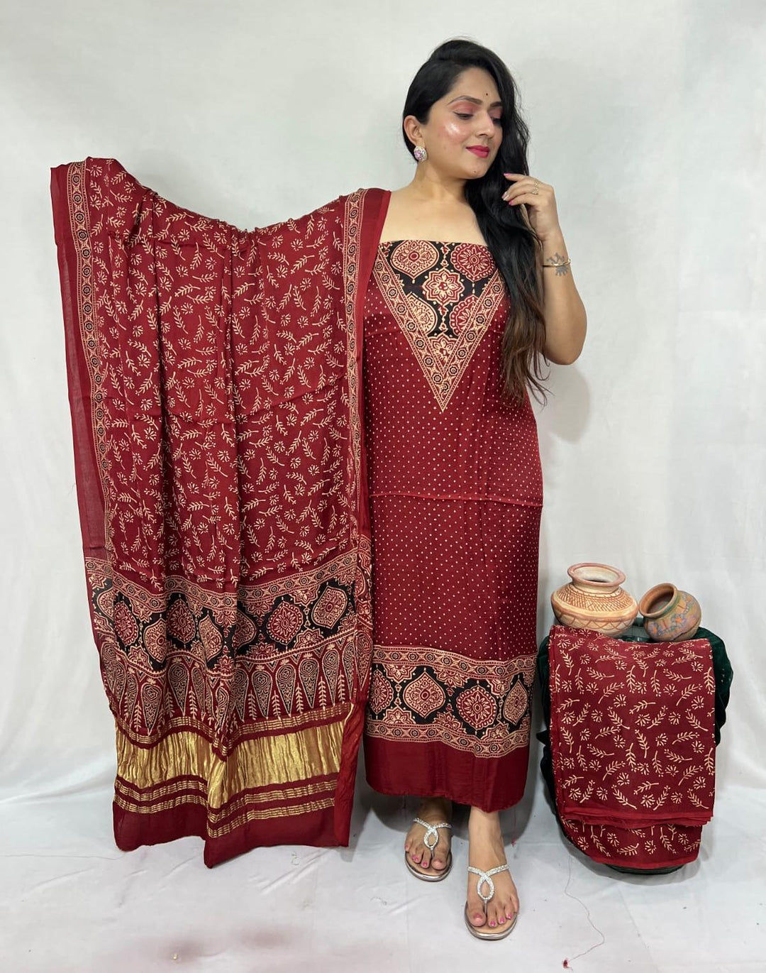 Pure Modal Silk Ajrakh Hand Block Zari Pallu Weaved 3pc Unstitched Suit