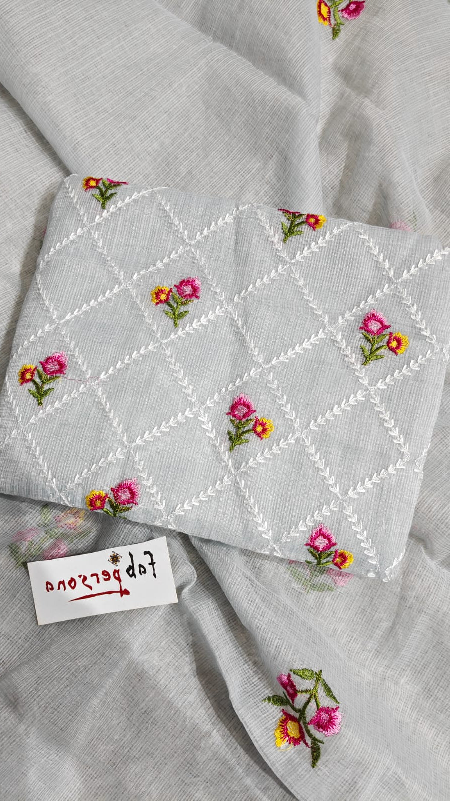 Pure Cotton Kota Doriya Hand Embroidery Unstitched Suit With Chikankari Bottom.