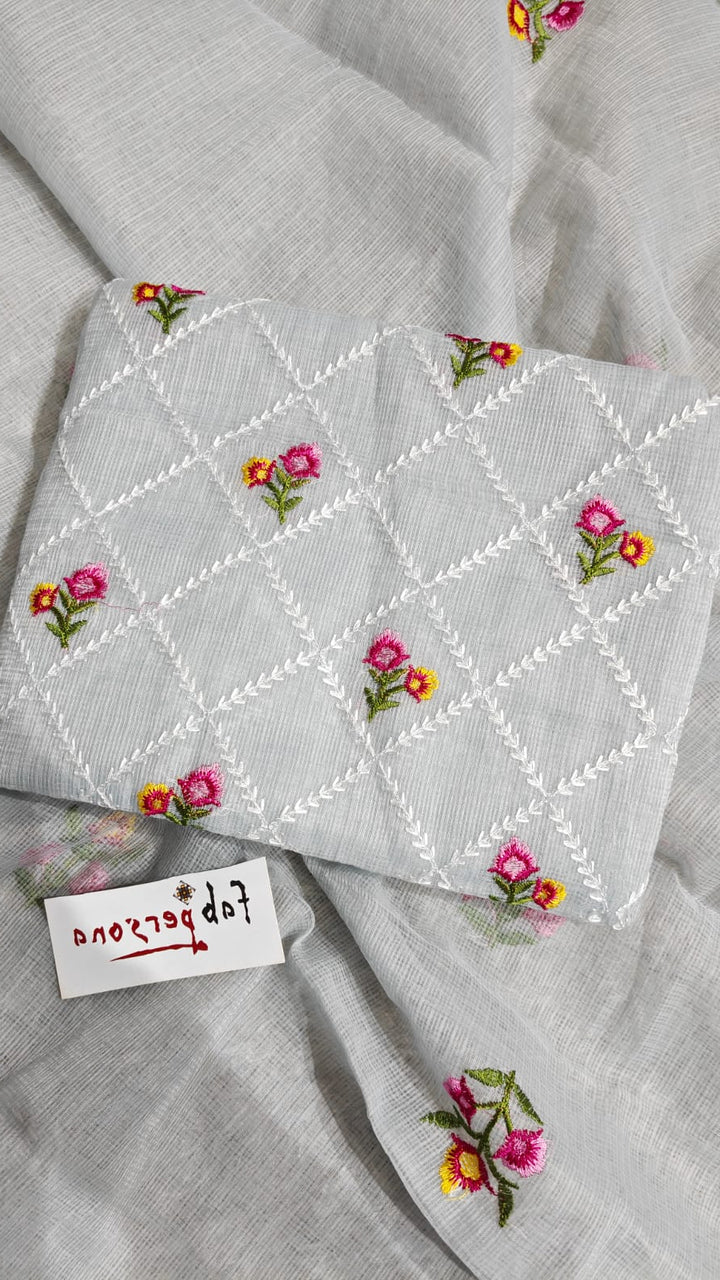 Pure Cotton Kota Doriya Hand Embroidery Unstitched Suit With Chikankari Bottom.