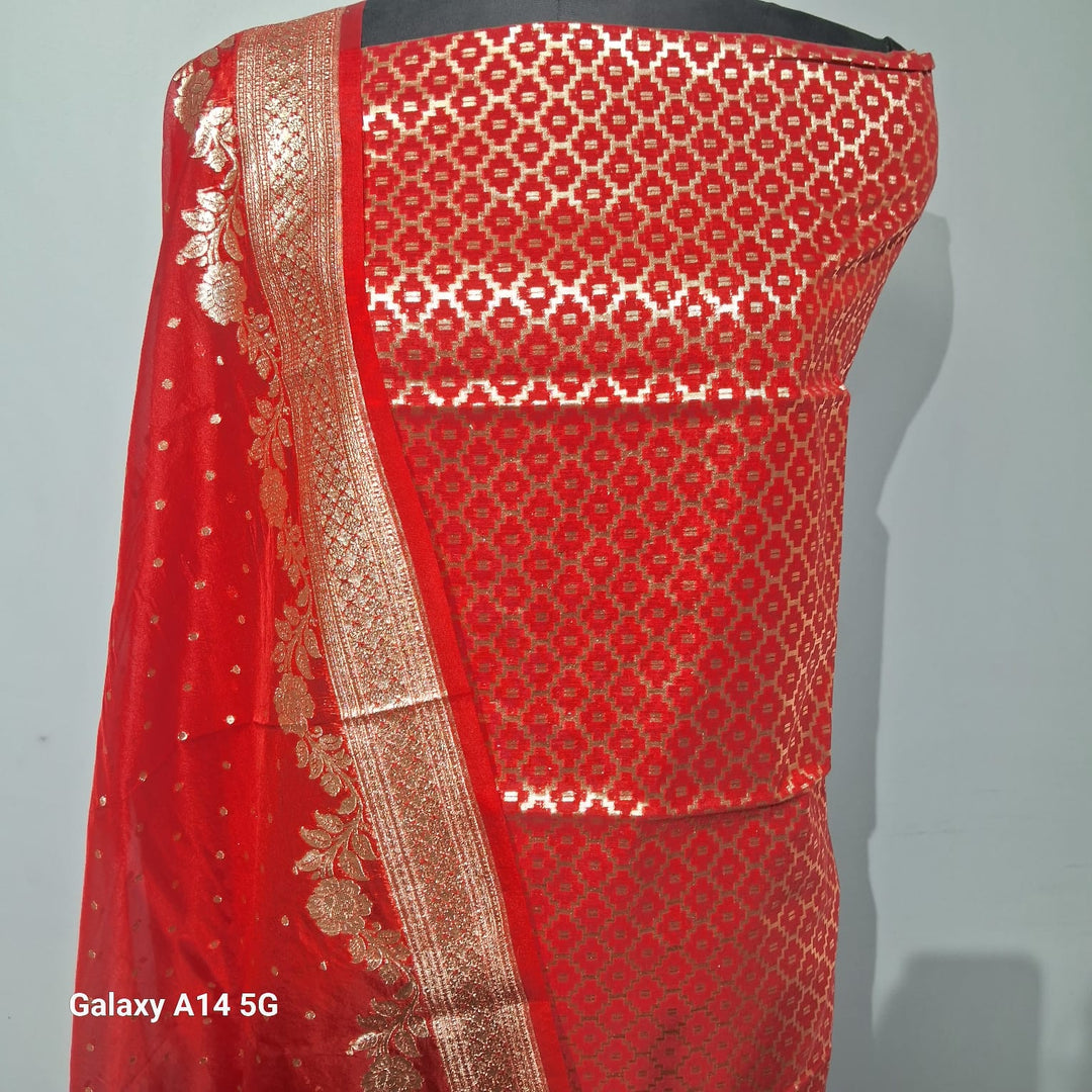 Pure Banarasi chanderi silk zari wark unstiched suit whit organza dupatta.