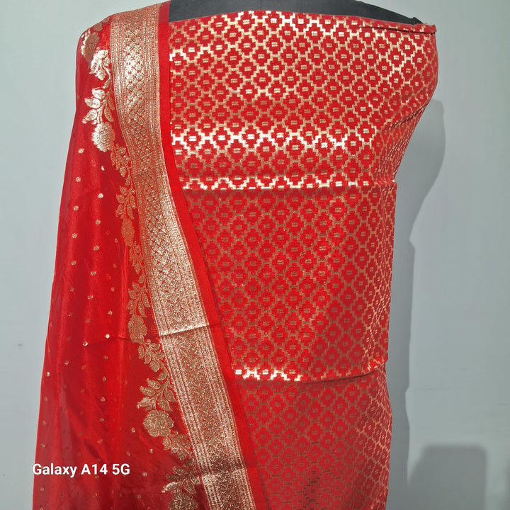 Pure Banarasi chanderi silk zari wark unstiched suit whit organza dupatta.