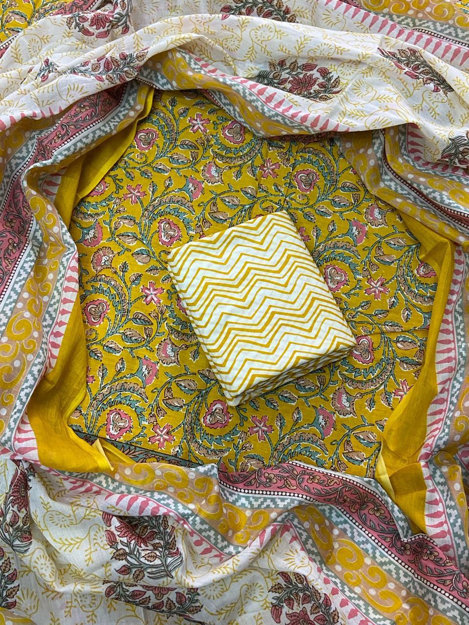 Pure Cotton Hand Block Print Unstitched Suit With Cotton Dupatta