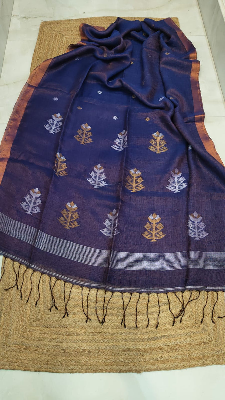 Pure Linen Tissue jamdani Saree With Blouse.