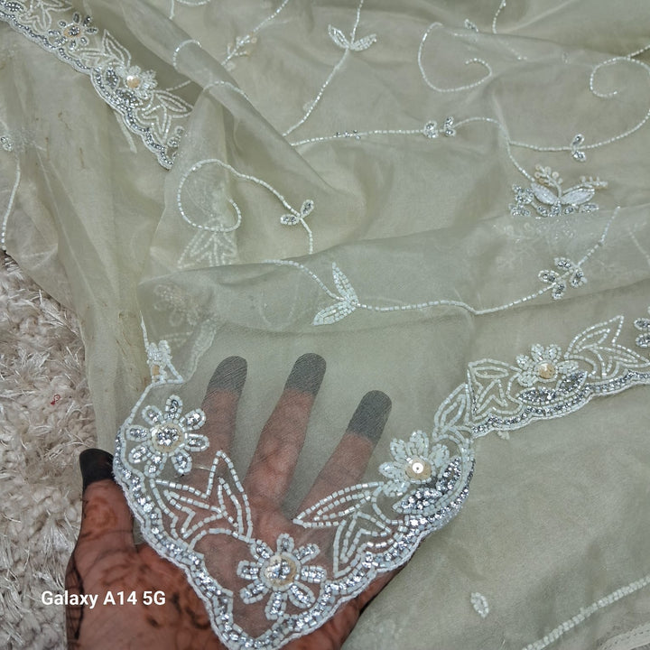 Pure Organza Silk Hand Full Zall  Work Saree With Running Blouse.