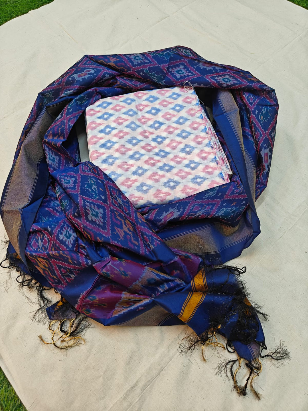 Pure Ikkat Sico Silk Unstitched Suit.