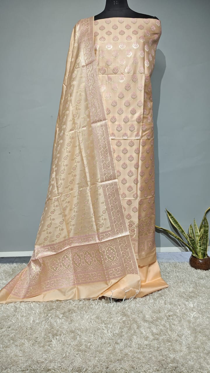 Pure Banarasi Silk Zari weaved unstitched suit with dupatta.