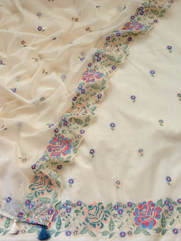 Pure Banarasi Chanderi Silk Embroidery Unstitched Suit With Chanderi Embroidery Dupatta.