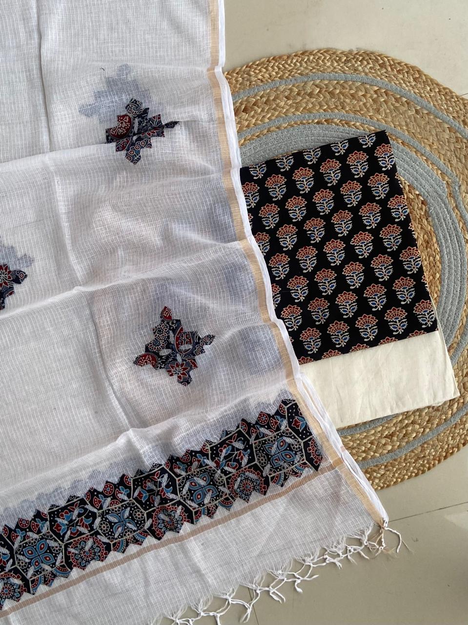 Azrakh Printed Top With Kota Doriya With Hand  Applique Work Dupatta