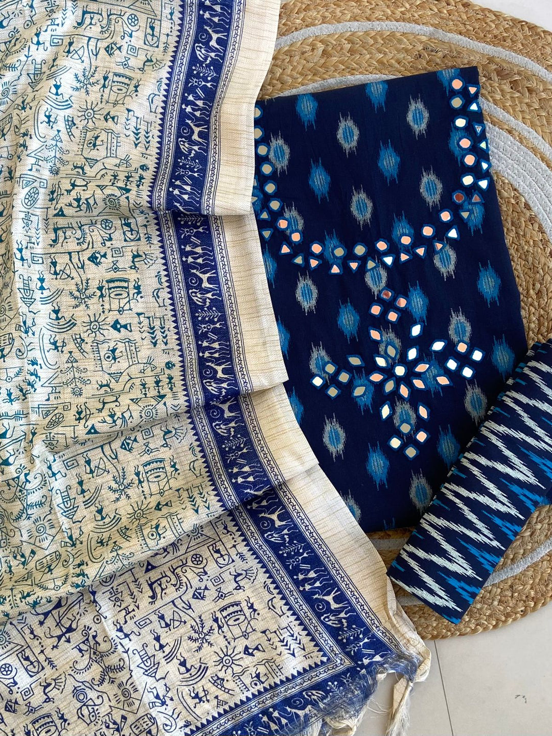 Pure Cotton Azrakh Print Unstitched Suit With Dola Silk Printed Dupatta