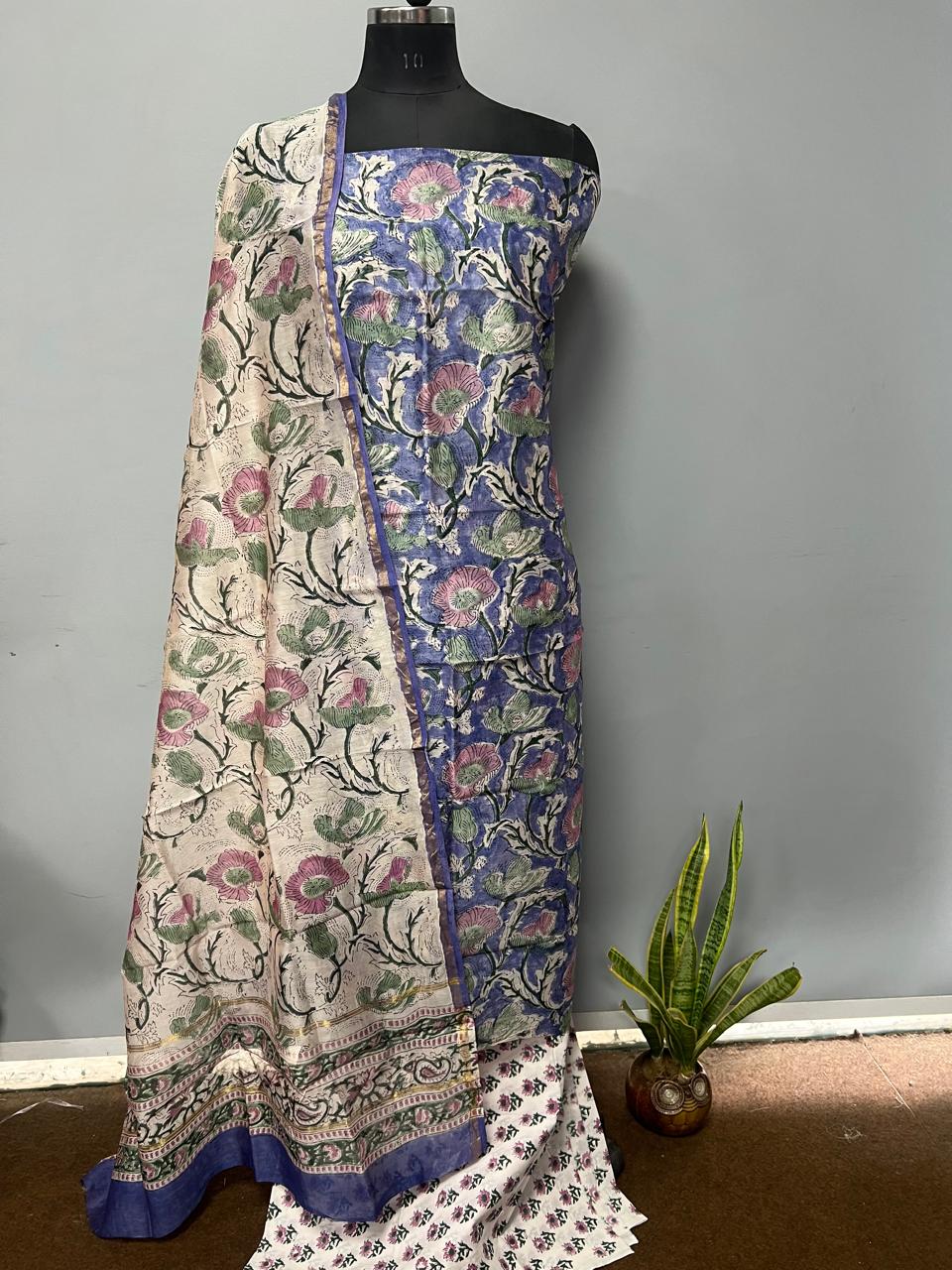 Pure Hand Block Chanderi Silk Unstitchd Suit