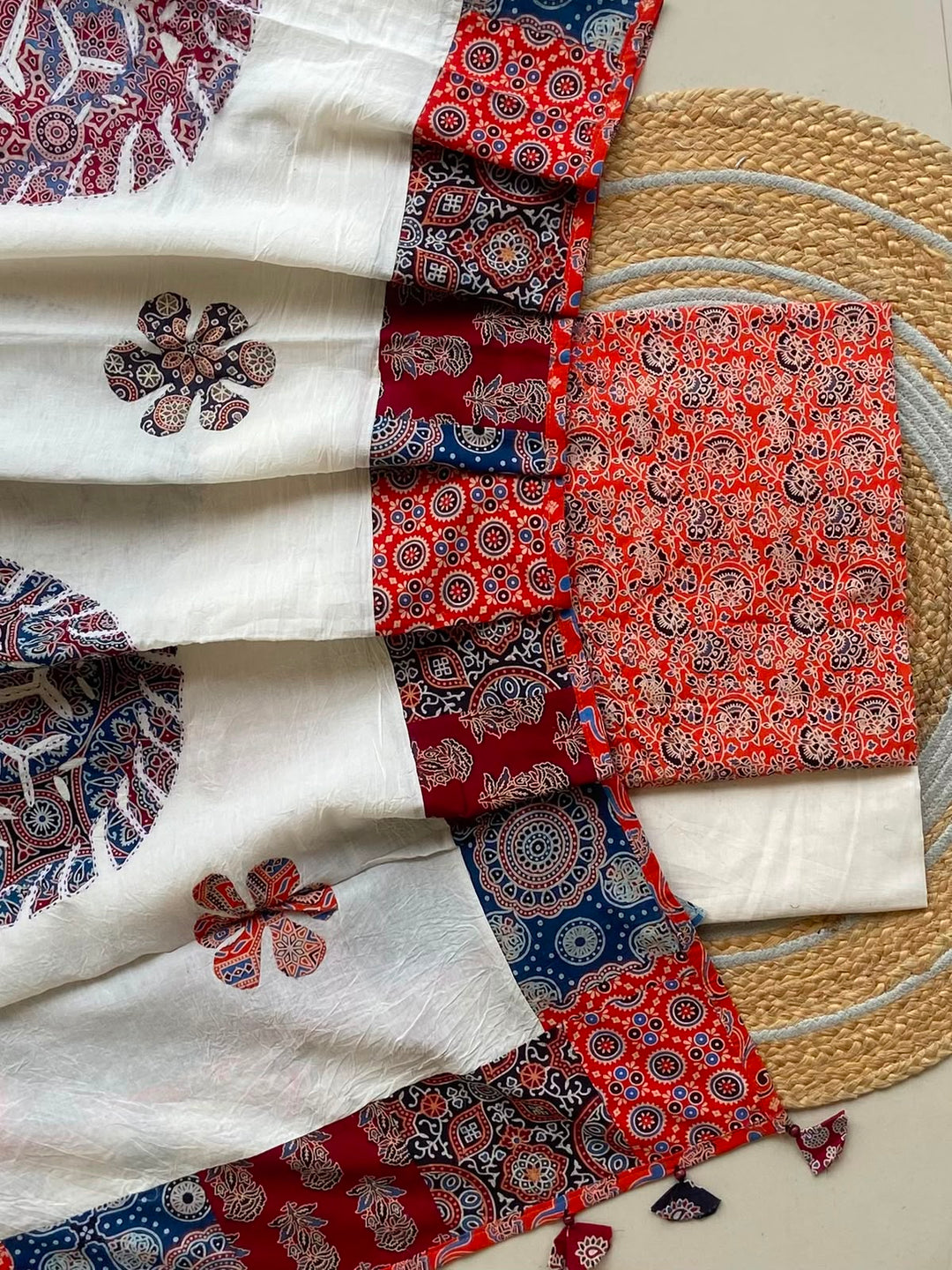 Pure Cotton Azrakh Print Unstitched Suit With Applique Work Dupatta