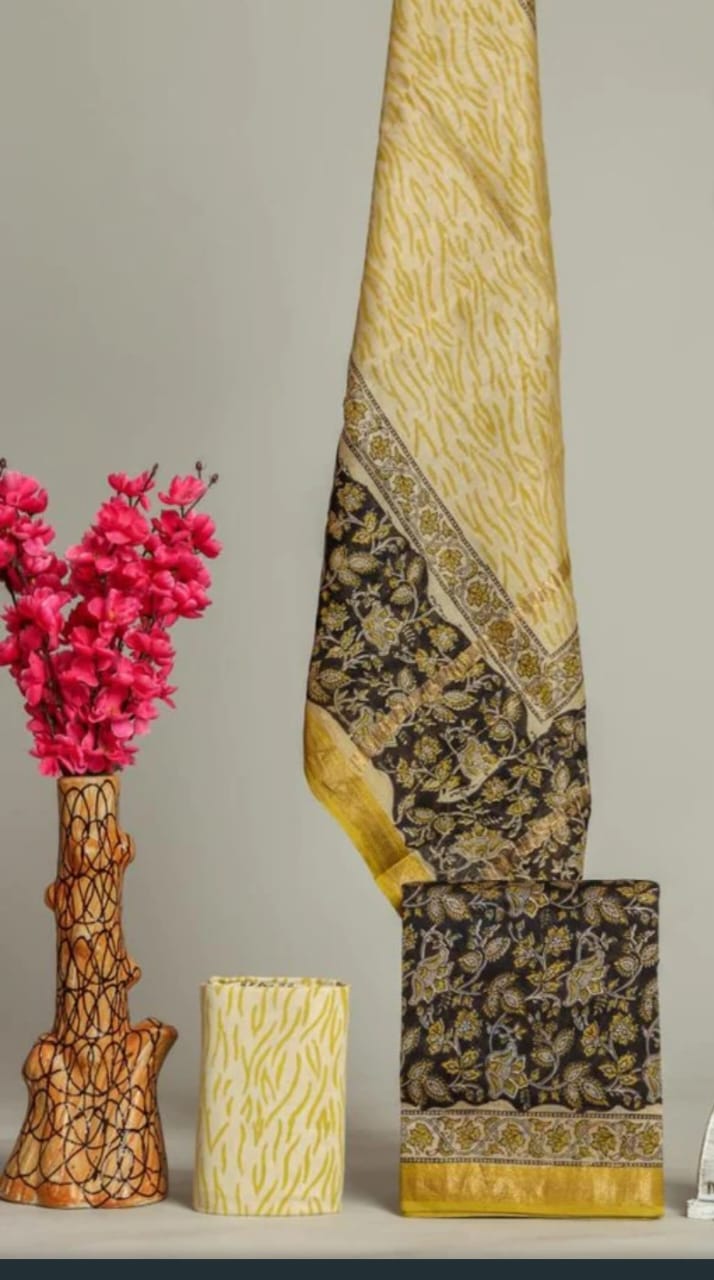 Pure Maheshwari Silk Hand block print Unstitched Suit.