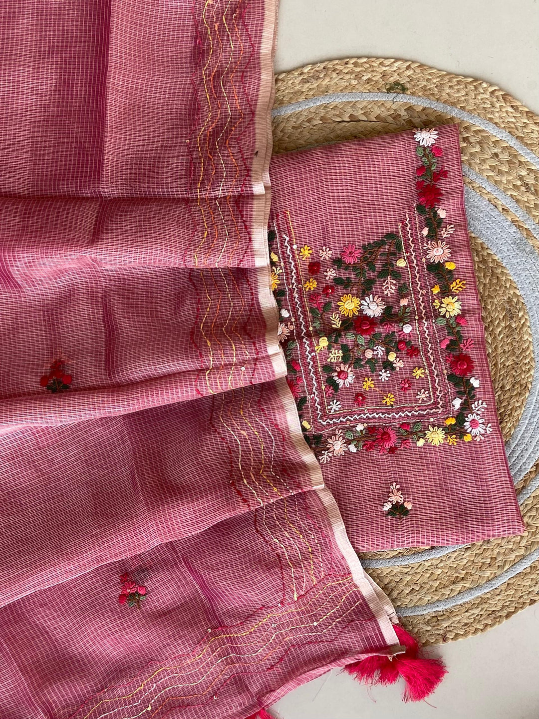 Pure Kota Doriya Silk Kurta And Dupatta With Neck Hand Work Emobroidery Unstitched Suit