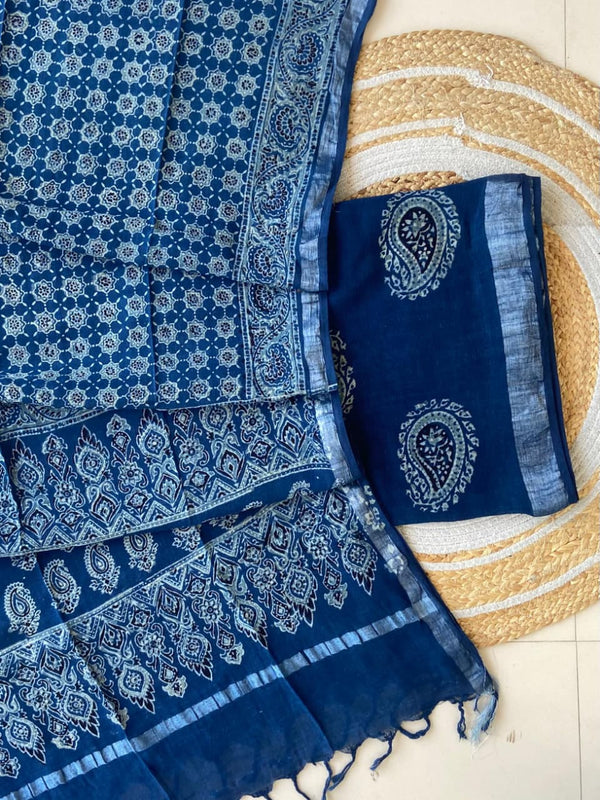 Exclusive Azrakh Hand block Pure Cotton Linen 2-Piece Unstitched Suit  With Dupatta (Copy)