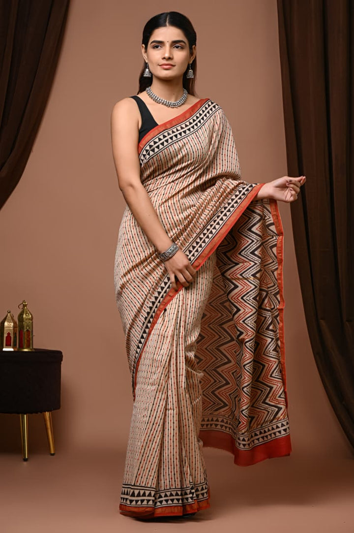 Hand Block Print Pure Chanderi Saree With Blouse