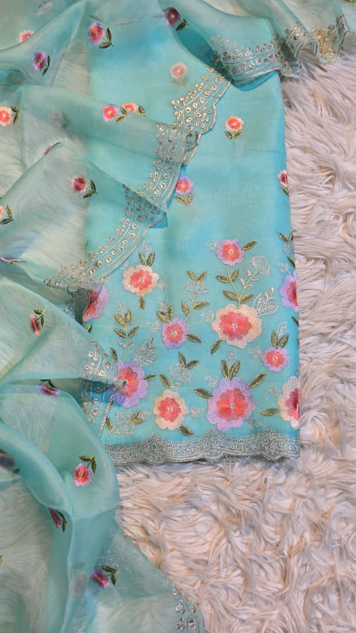 Pure Banarasi Organza Silk Embroidery Unstitched Suit.