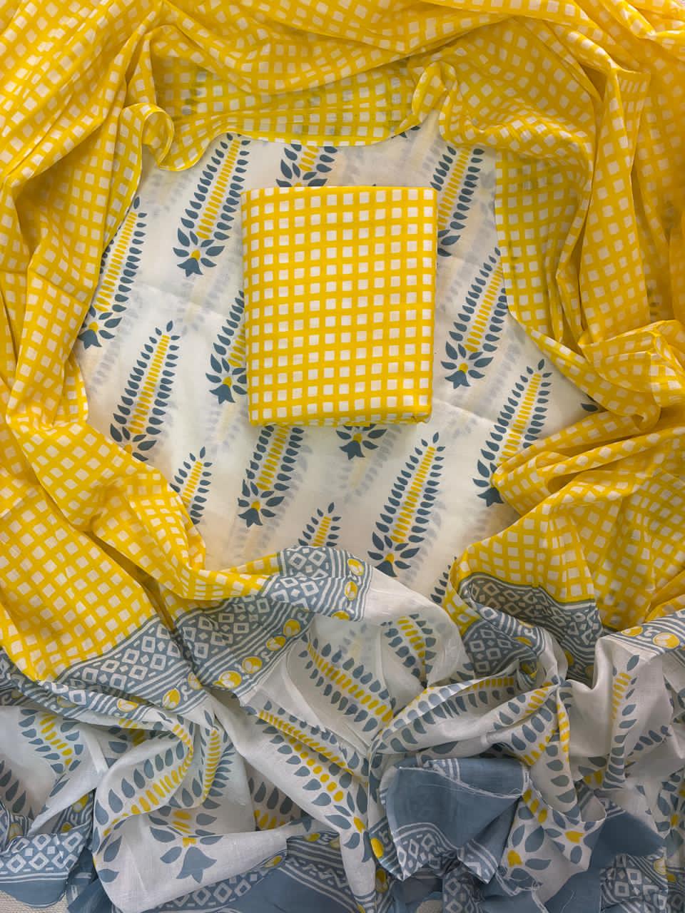 Pure Cotton Hand Block Print Unstitched Suit With Cotton  Dupatta .