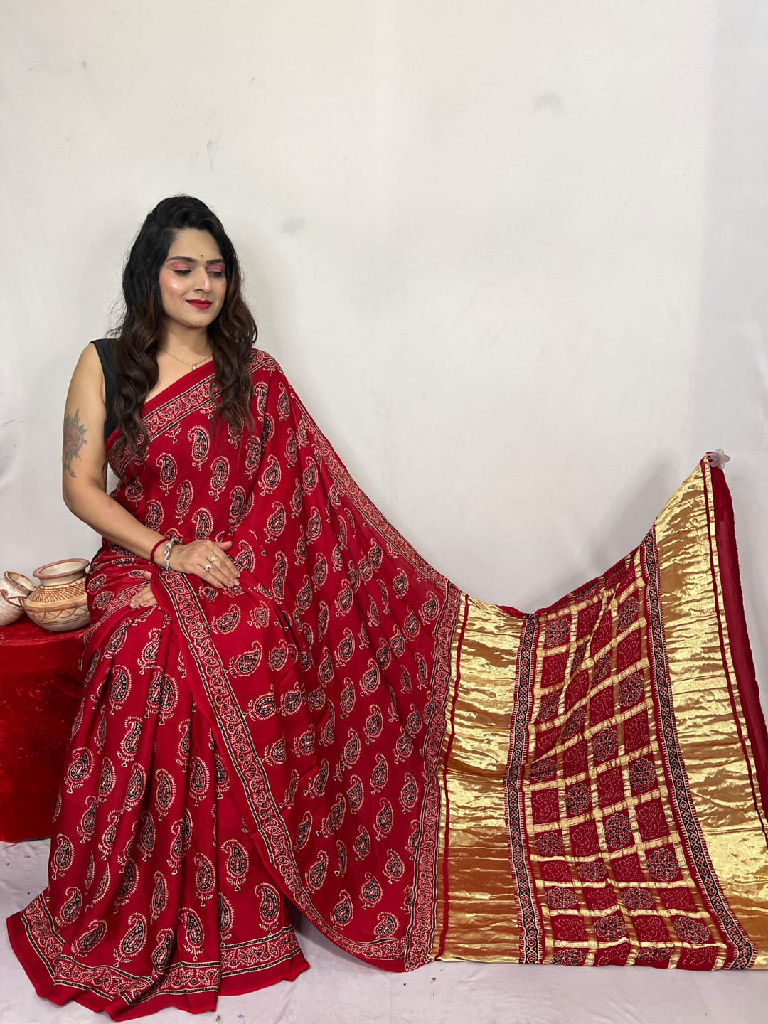 Pure Modal SilK HandBlock Print Saree With Blouse.