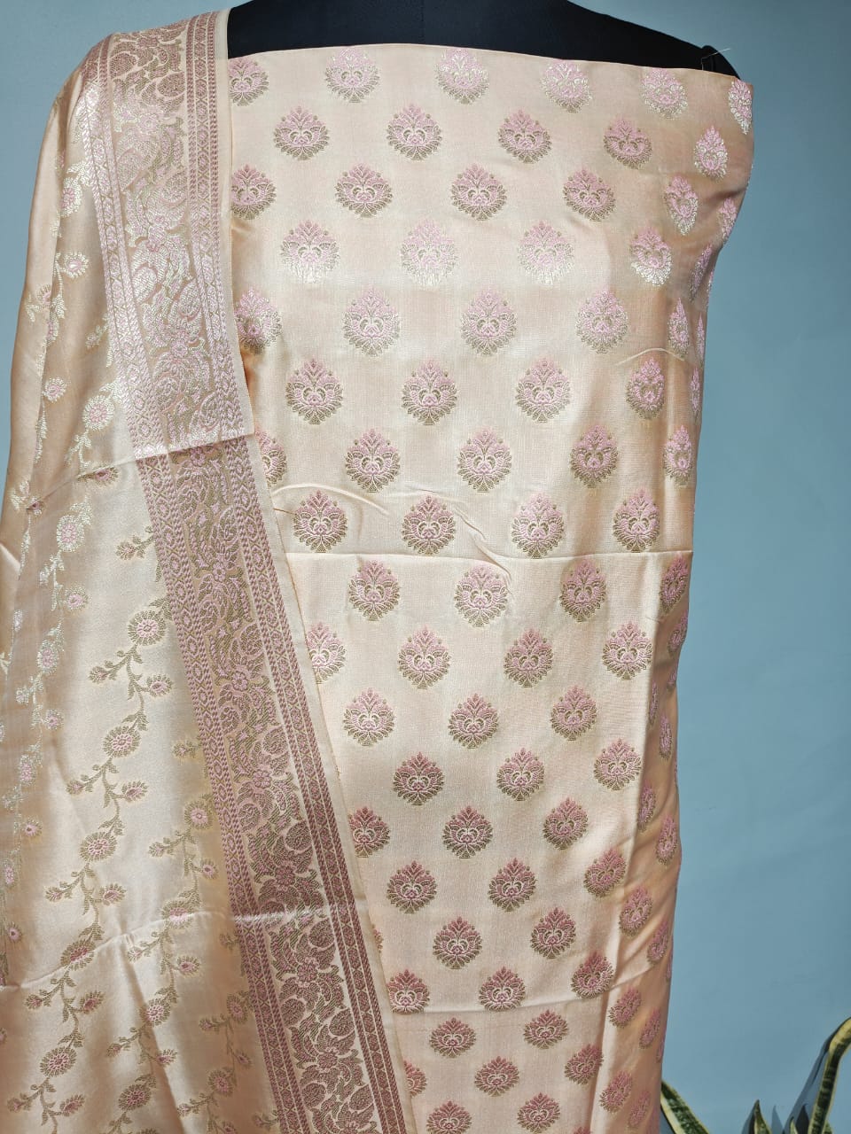 Pure Banarasi Silk Zari weaved unstitched suit with dupatta.