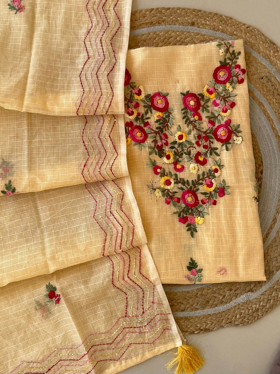 Pure Kota Doriya Silk Kurta And Dupatta With Neck Hand Work Emobroidery Unstitched Suit