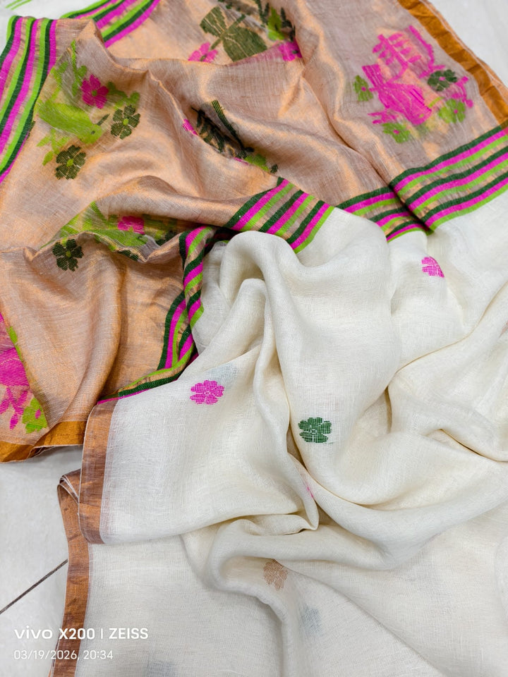 Pure Handloom Linen Jamdani Saree With Boluse.