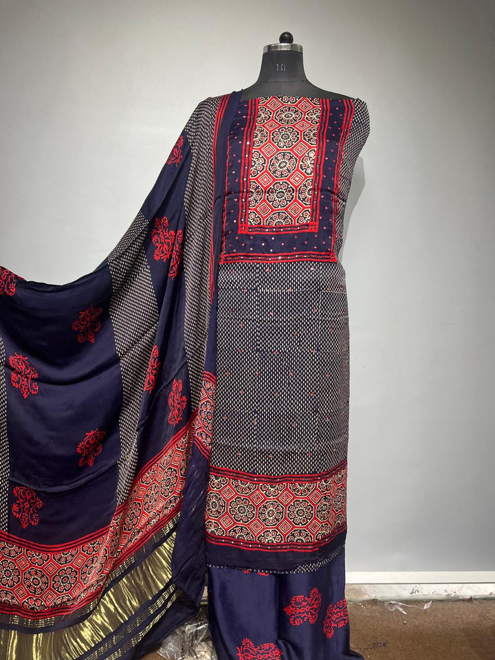 Pure Modal Silk Ajrakh Hand Block & Mirror Work Unstitched Suit .