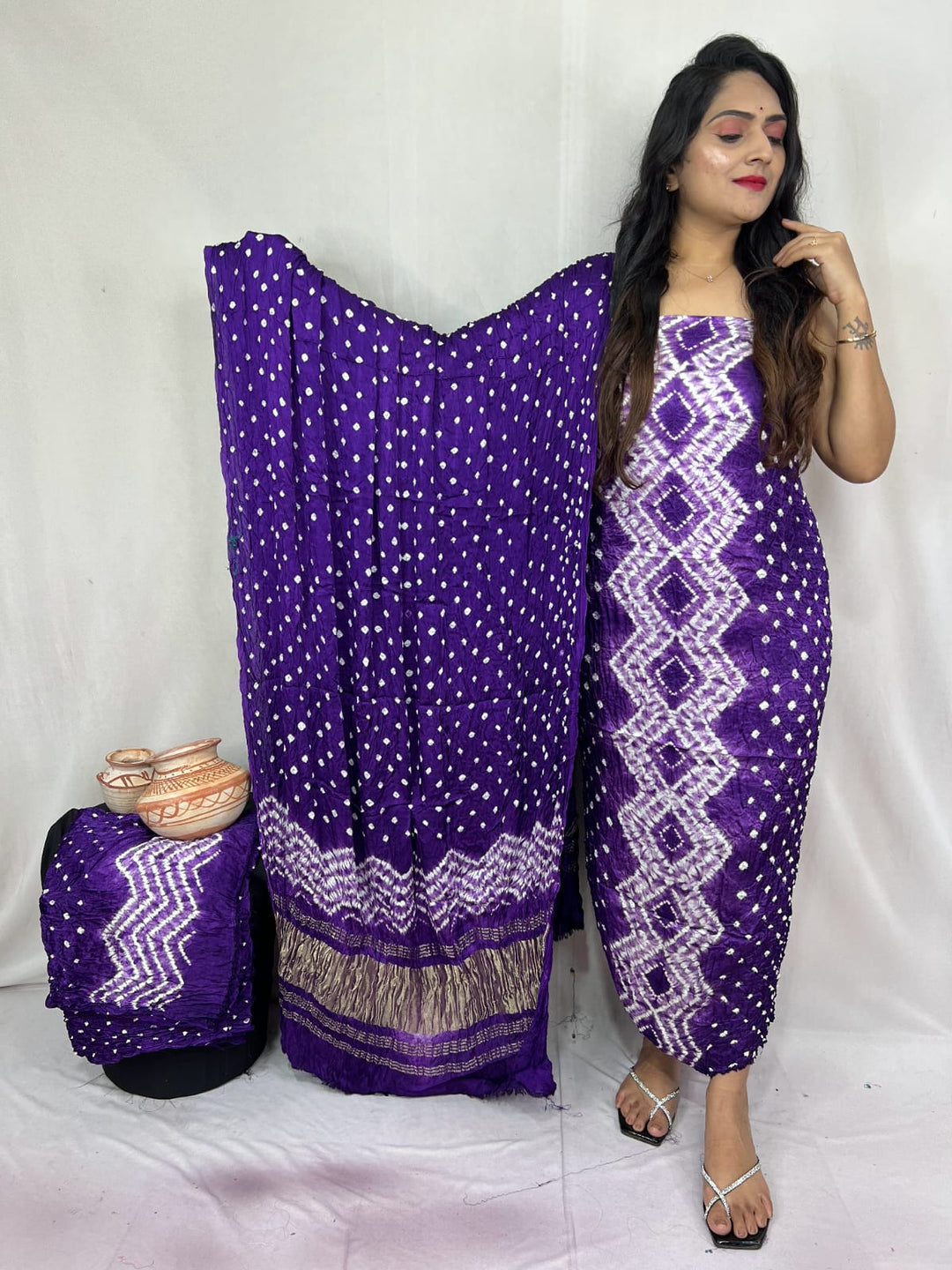 Pure Modal Silk Ajrakh Hend Block Zari Pallu Weaved 3pc Unstitched Suit .