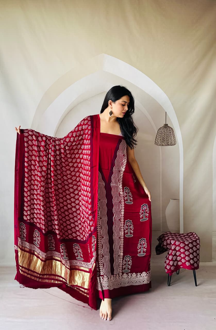Pure Modal Silk Ajrakh Hand Block Zari Pallu Weaved 3pc Unstitched Suit