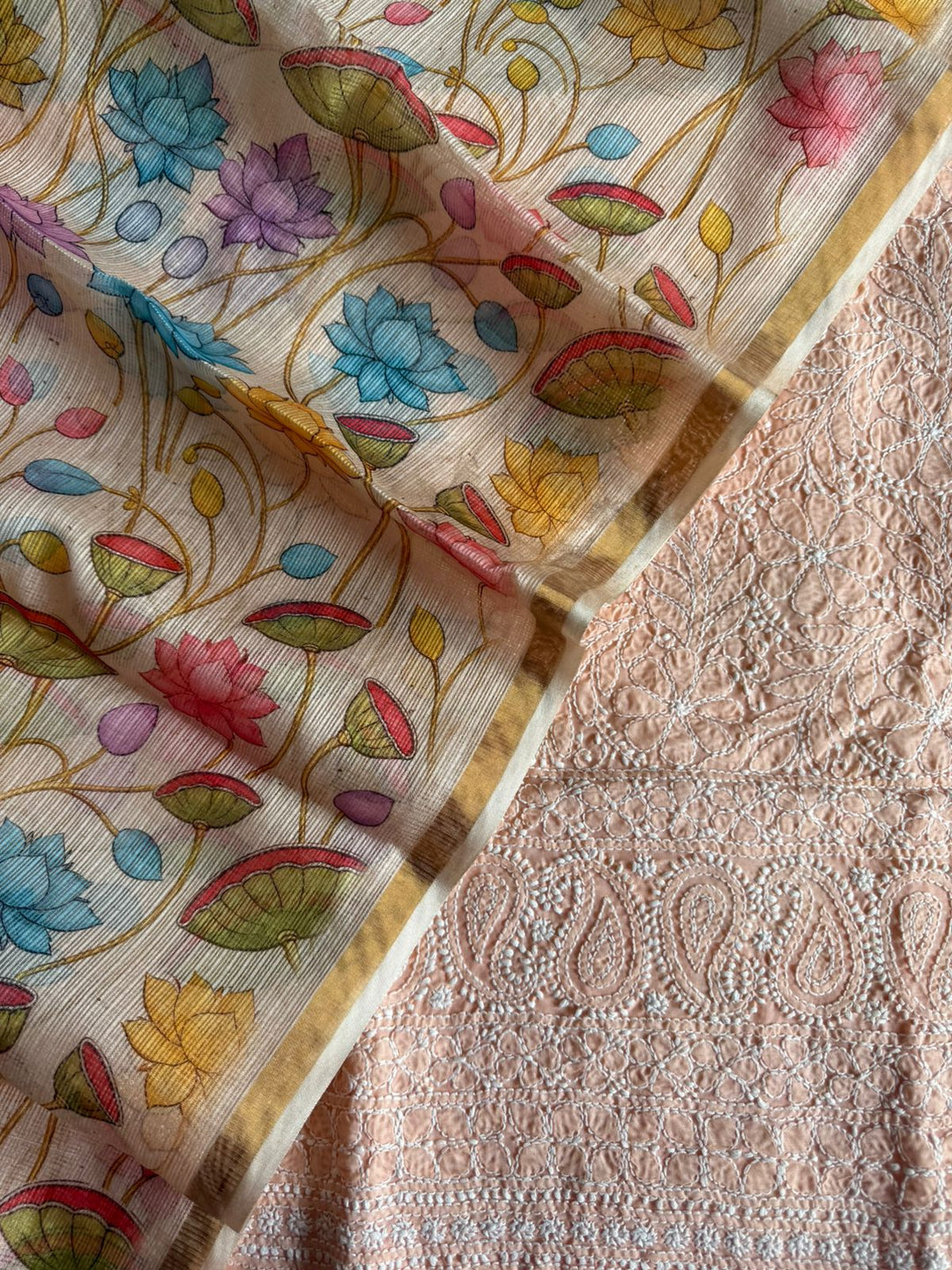 Pure Cotton Chikankari Hand Work Unstitched suit With Kalmkari Kota Doriya Dupatta.(without bottom)