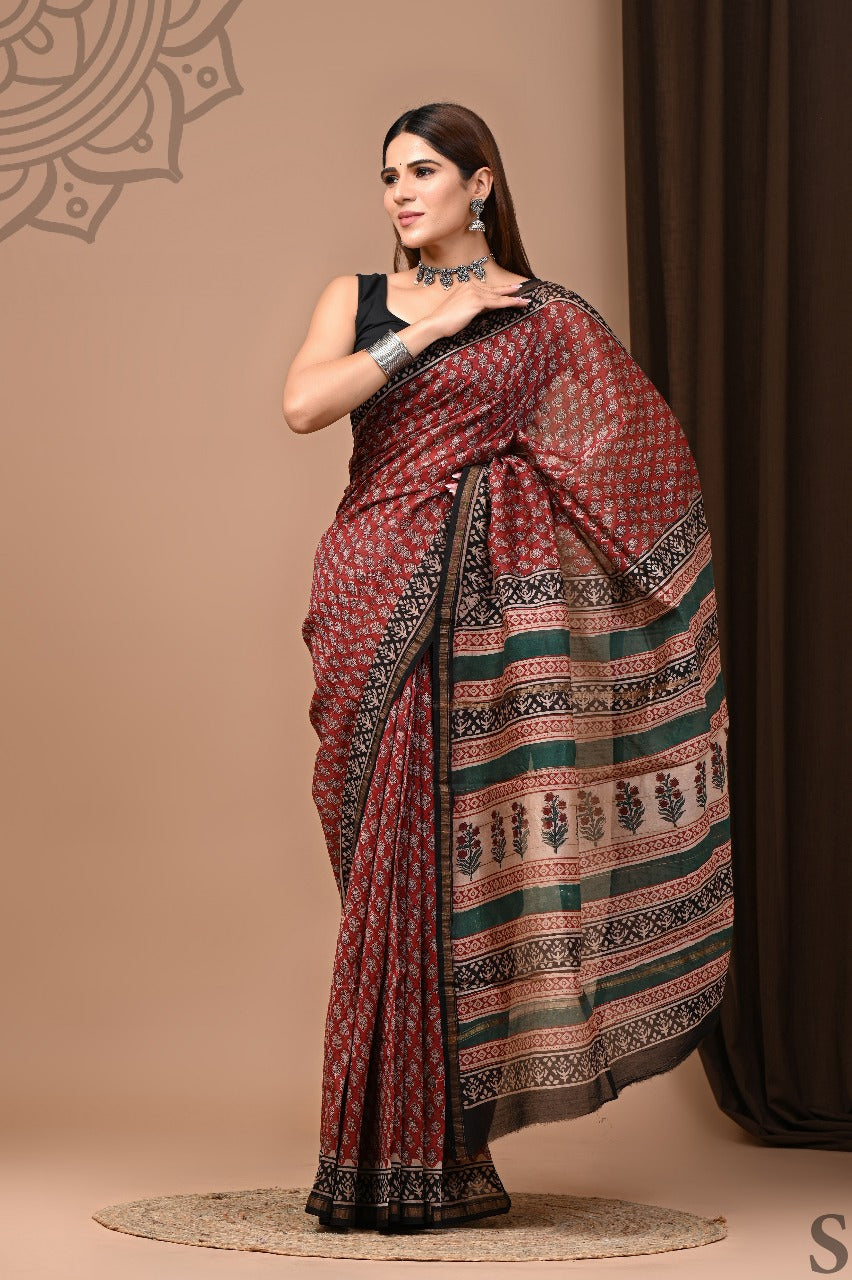 Hand Block Print Pure Chanderi Saree With Blouse