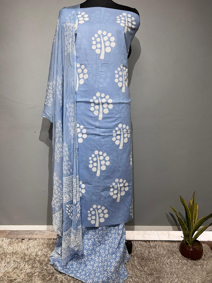 Pure Cotton Hand Block Print Unstitched Suit With Chiffon Dupatta