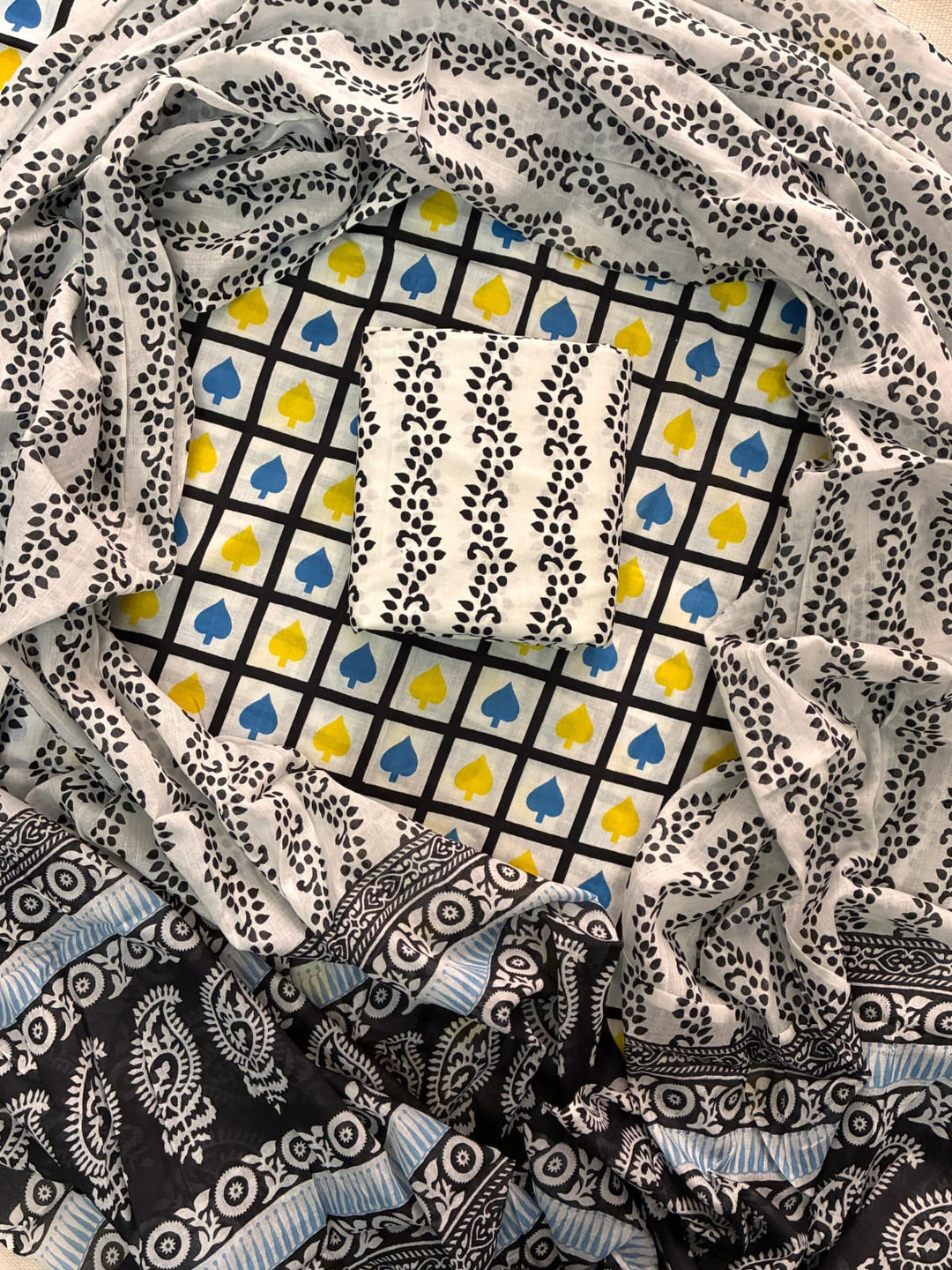 Pure Cotton Hand Block Print Unstitched Suit With Cotton  Dupatta .