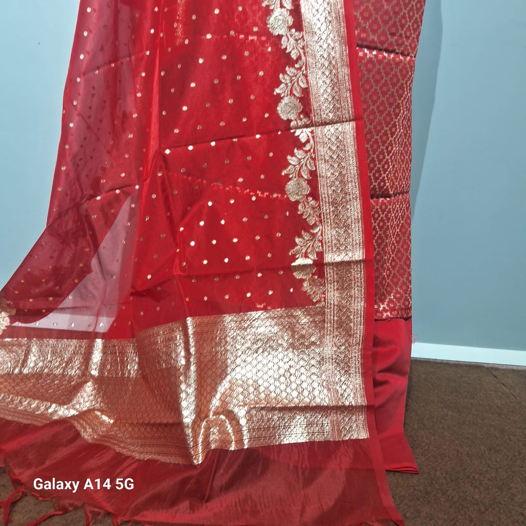 Pure Banarasi chanderi silk zari wark unstiched suit whit organza dupatta.