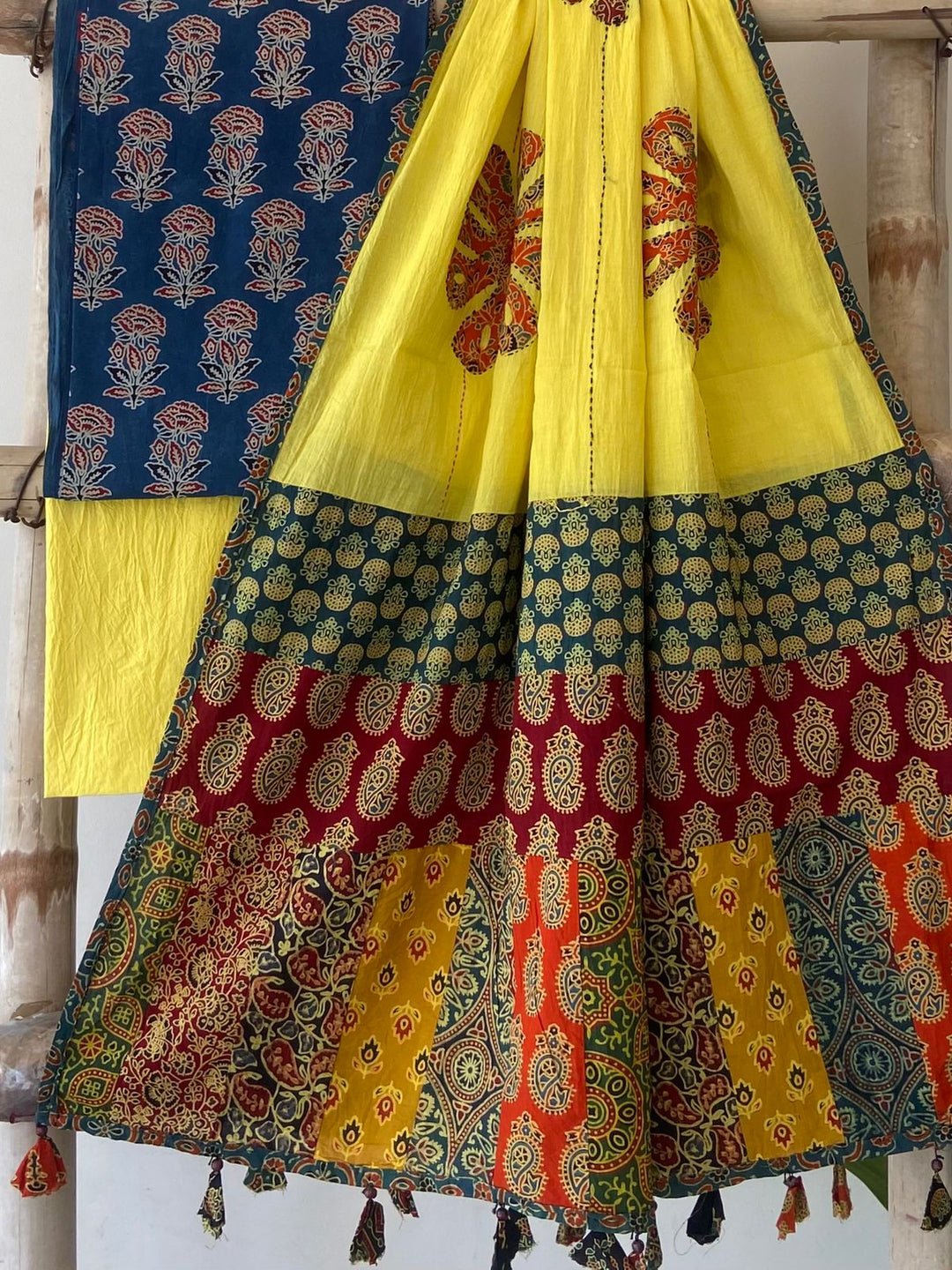 Pure Cotton Azrakh Print Unstitched suit With Hand kantha Work Dupatta