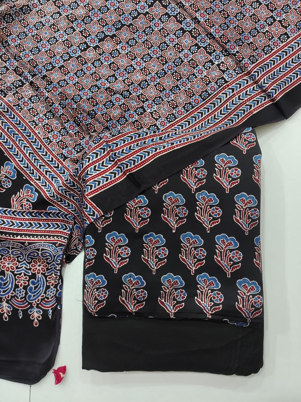 Pure Modal Silk Ajrakh Hand Block  3pc Unstitched Suit
