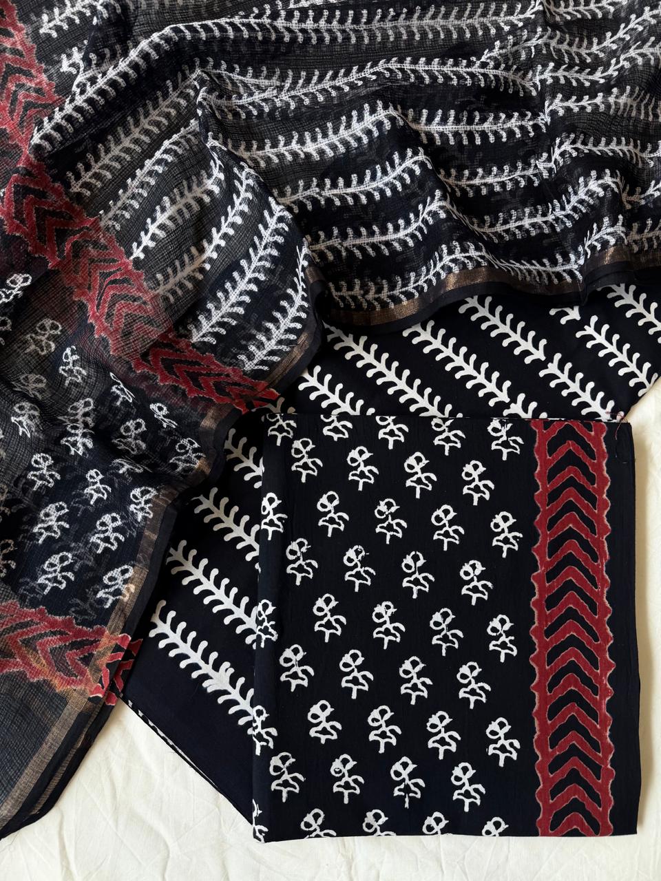 Pure Cotton Hand block print Unstitched Suit with Kota Dupatta
