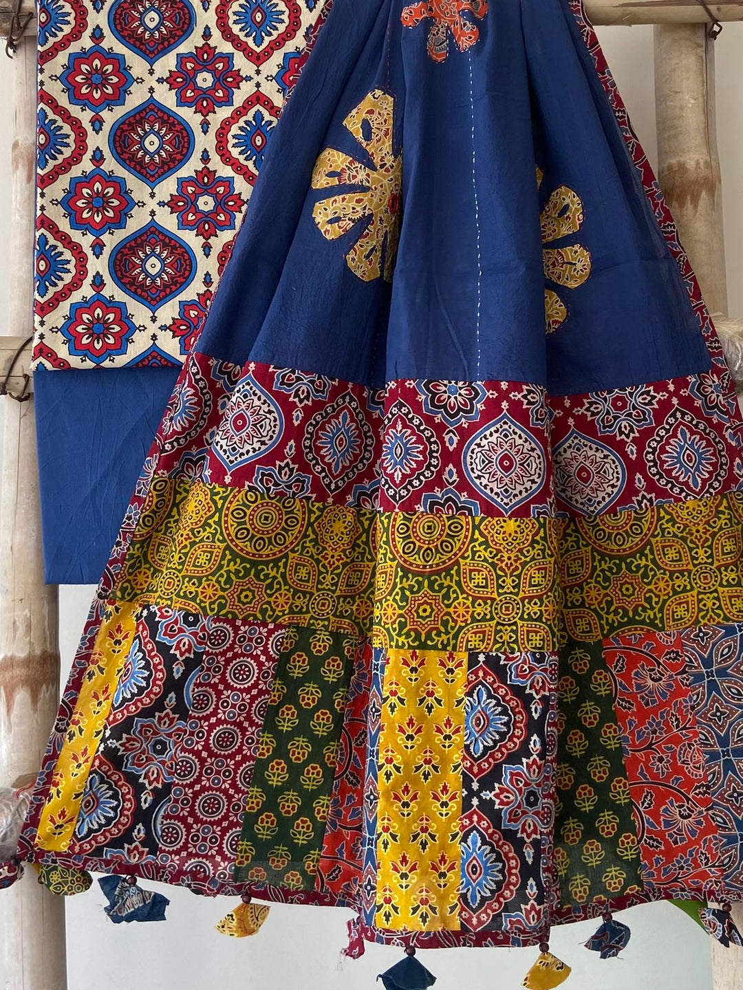Pure Cotton Azrakh Print Unstitched suit With Hand kantha Work Dupatta