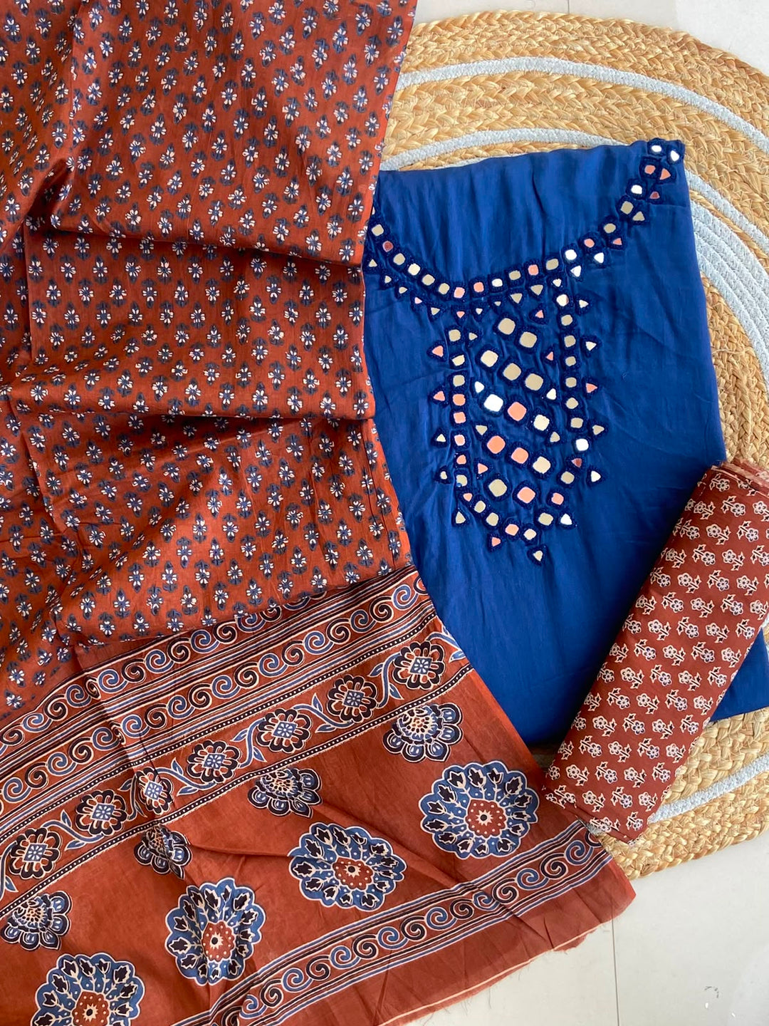 Pure Cotton Azrakh Print Unstitched Suit With heavy mirror work