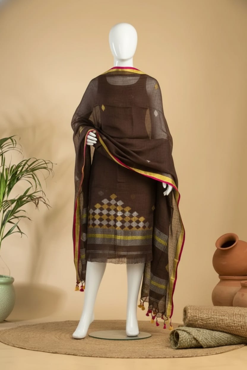 Pure JayaShare Linen 2PC Jamdani Unstitched Suit .