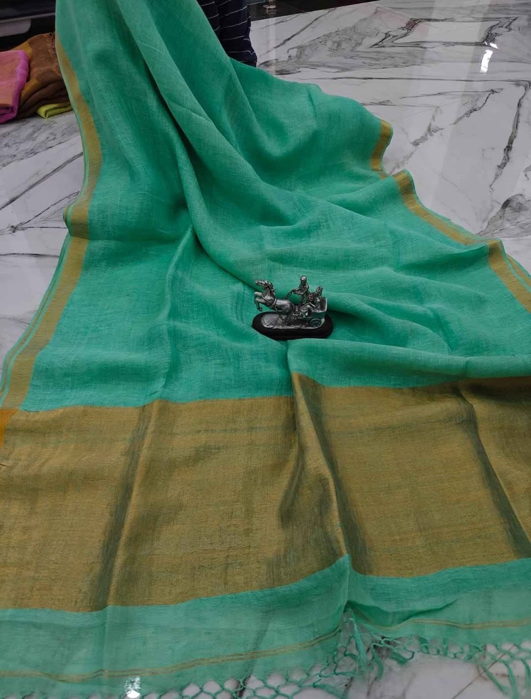 Premium Jayasree Linen Saree with Rich Golden Border & Running Blouse Piece