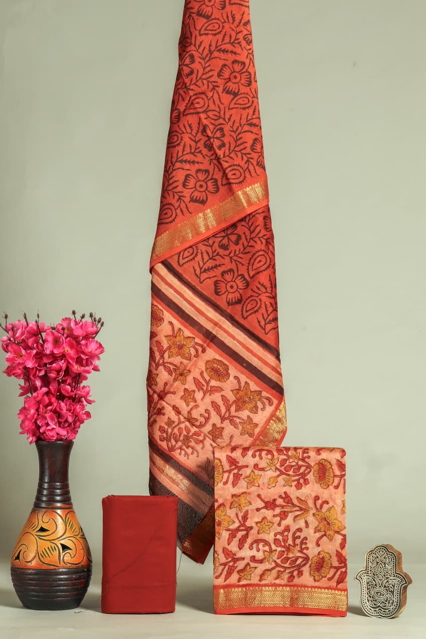 Pure Maheshwari Silk Hand block print Unstitched Suit.